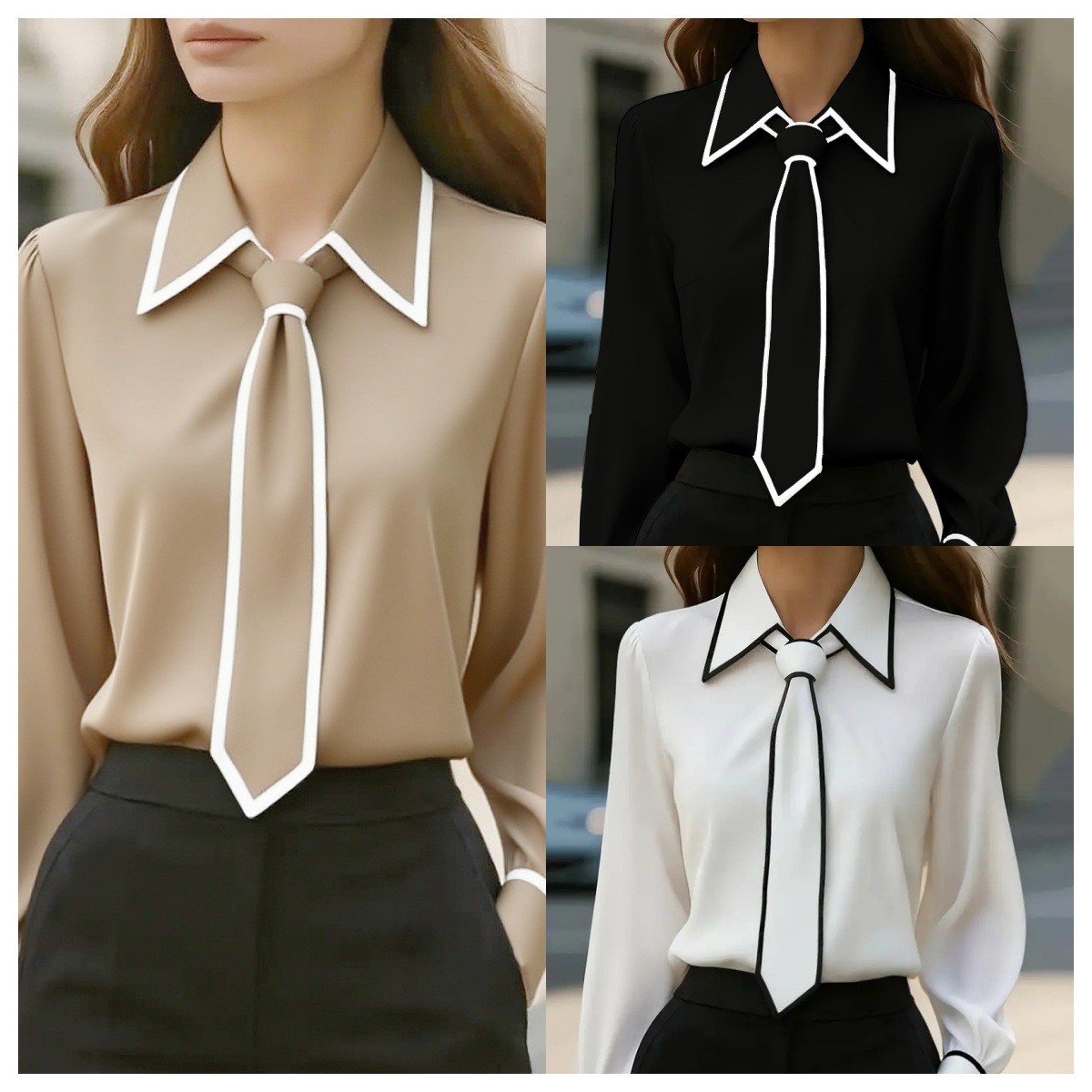 Women Formal Wear With Tie - Women's Contrast Trim Tie Neck Blouse