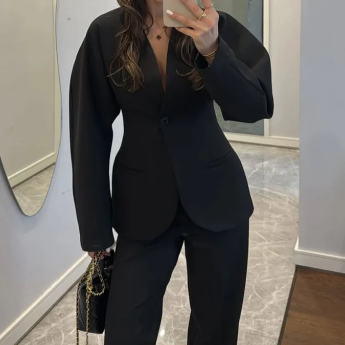 2025 New Women Black V Neck Wa - Women Formal Wear With Tie ulasan dan harga