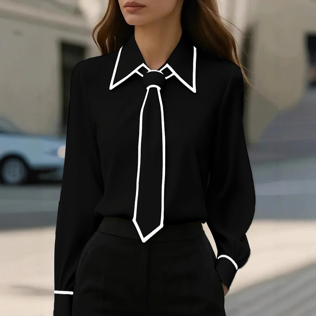 Women's Contrast Trim Tie Neck - Women Formal Wear With Tie ulasan dan harga