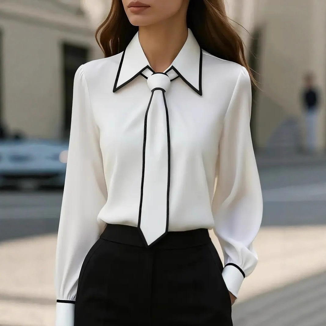 Women's Contrast Trim Tie Neck - Women Formal Wear With Tie ulasan dan harga